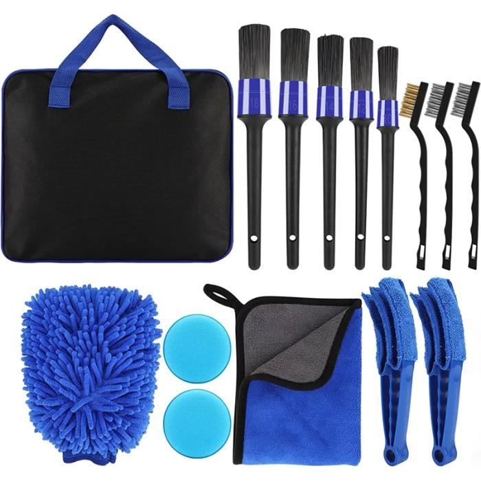 15Pcs Lot de Brosse Nettoyage Voiture avec Sac de Rangement Pinceau Detailing Auto pour Voiture Beauté/Moteur/Roue/Panneaux