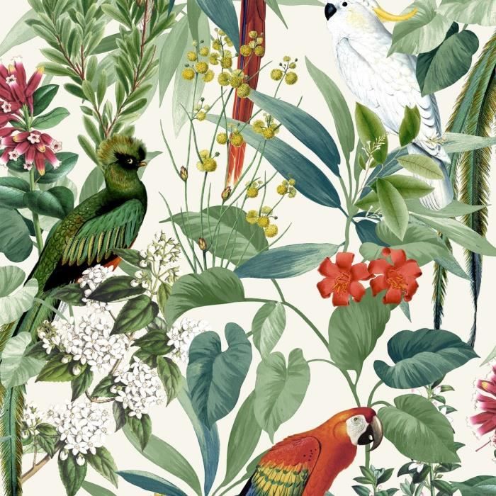 World of Wallpaper Ikala Wallpaper Blanc - Oiseaux - Feuilles (AF0006-BUR)