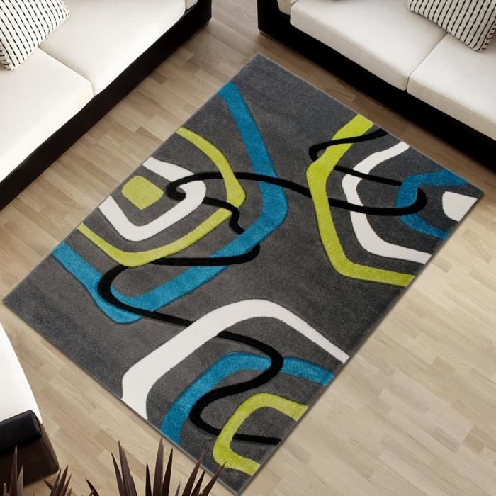 Tapiso Sumatra Tapis Salon Chambre Adomoderne Geometrique Gris Blanc Noir Bleu Vert Doux 190 X 270 Cm Cdiscount Maison