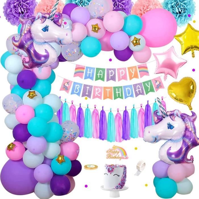 Licorne Décorations Anniversaire Filles Rose Violet Bleu Ballons Joyeux Anniversaire Avec Bannière Gâteau Topper Tassels Pom Poms Latex Confetti Feuille Ballons Pour Bébés Filles