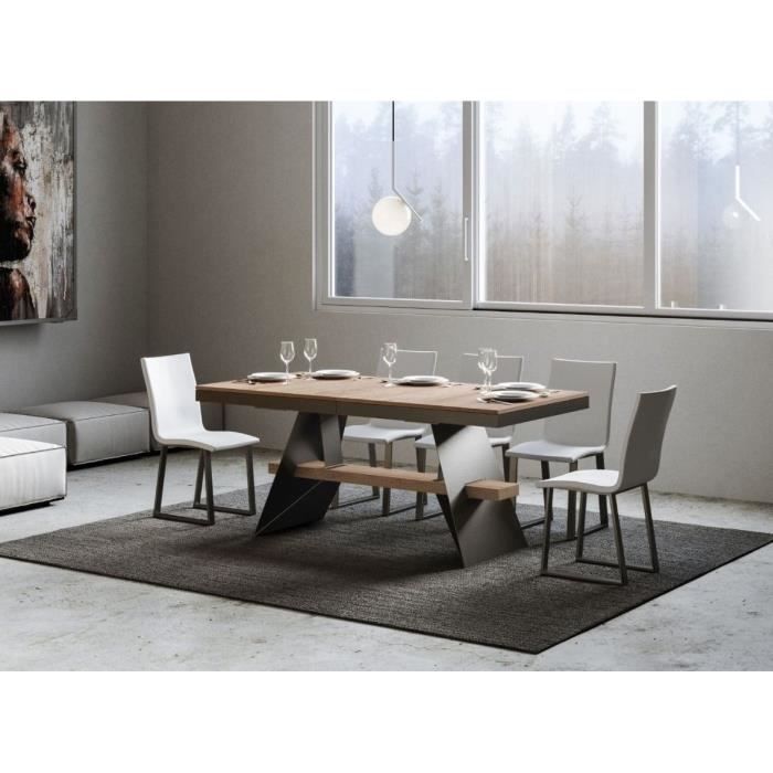 table à rallonges 8 à 14 places bois clair avec un cadre et des pieds acier gris foncé 180 à 284 cm borys