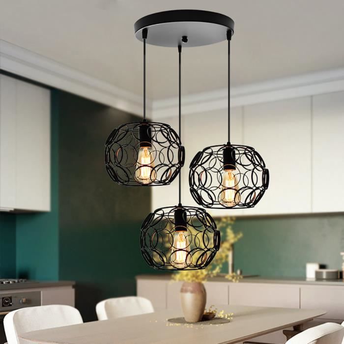 WHITEIN Suspension Filaire en Métal - 3 Cages Ronde Ø 24 x H 17.5 cm - Noir - Moderne Disque Lustre Pour Salon Cuisine Loft Balcon
