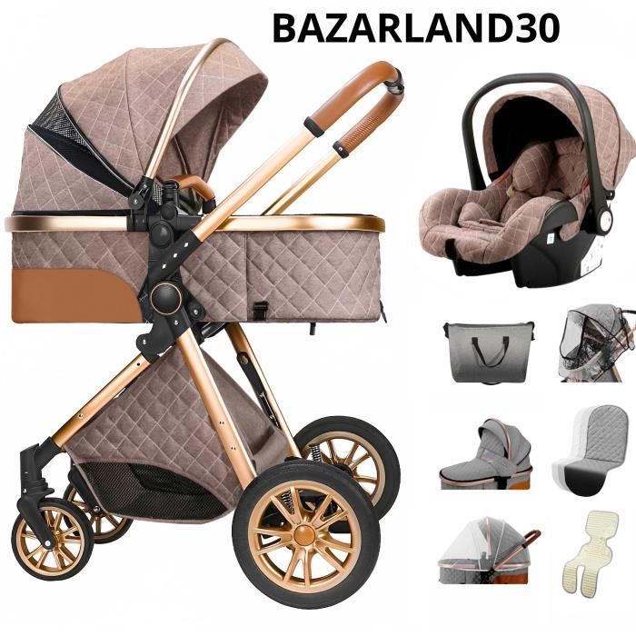 BAZARLAND30 Poussette 3 en 1 Bébé Combinée Siège-Auto Nacelle Trio Réversible Réglable Haute Qualité Roues increvables khaki