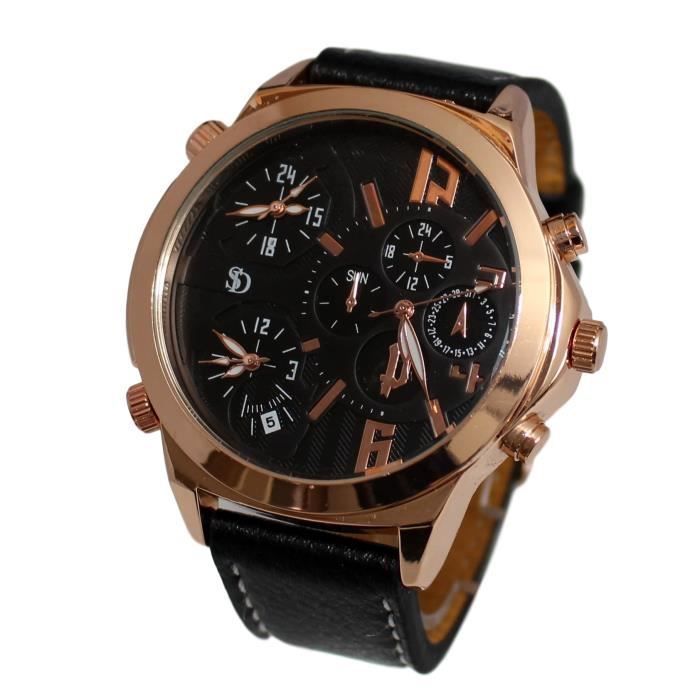 Montre homme cadran XXL triple fuseau horaire gold cuivr