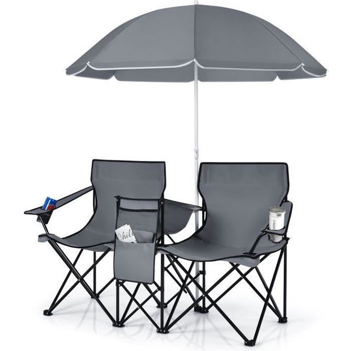 COSTWAY Chaise/Fauteuil de Camping Pliante 2 Places avec Sac isotherme, Parasol, Porte-gobelet, Accoudoirs, Charge 270 KG, Gris