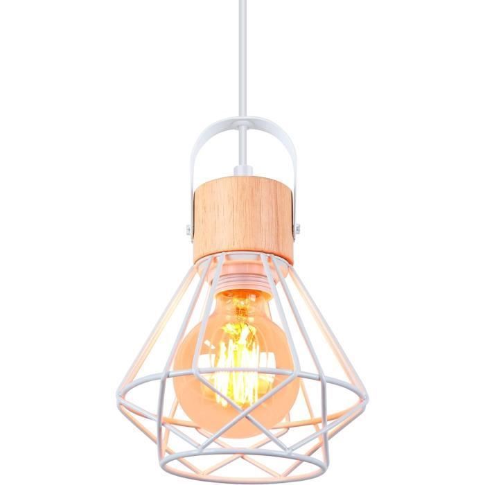IDEGU Suspension Luminaire Industrielle 16CM Vintage Lustre Suspension en Fer et Bois Rétro Cage Design Blanc pour Salon Chambre