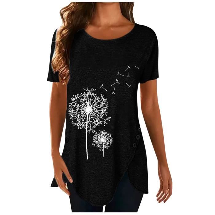 T-shirt Femme Manches Courtes Col V - Imprimé Floral Bohème - Polyester Léger - Tenue Décontractée