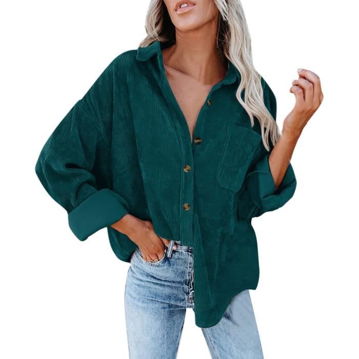 Chemise surdimensionnee en velours cotele boutonne a manches longues et poches pour femme Vert Cdiscount Pret a Porter