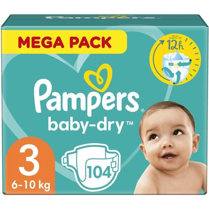 Pampers Baby-Dry Taille 3 - 104 Couches, Jusqu'à 12 Heures De Protection Anti-Fuites, 6-10 Kg