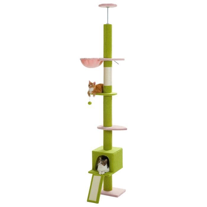 Meilleurs prix pour PAWZ Road Arbre a Chat au Plafond Ajustable 216-273 cm, Arbre à Chat avec Hamac & Condo & Ceinture Anti-Chute, Vert et Rose.
