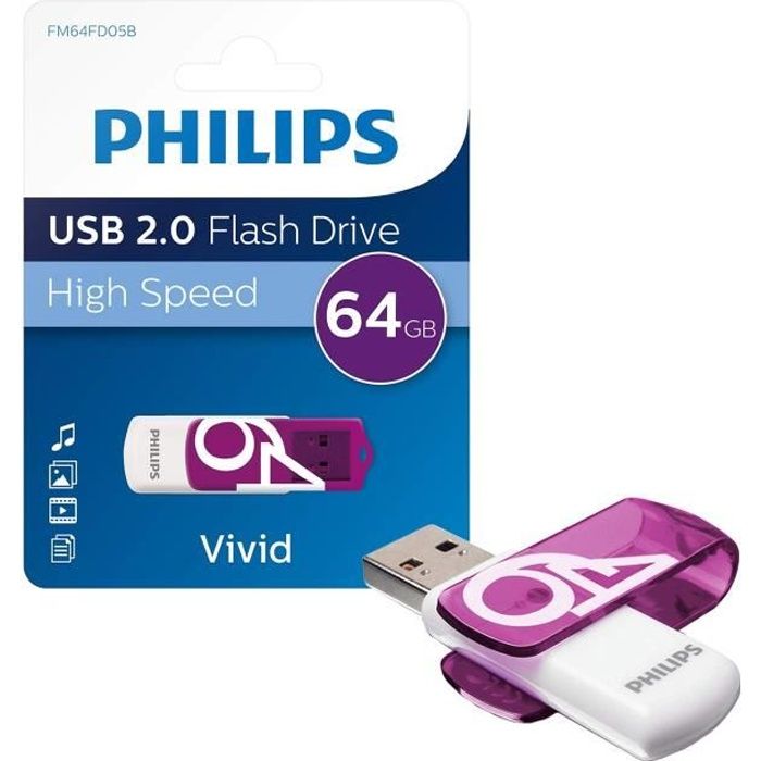 Clé USB - PHILIPS - Vivid 64 Go - Blanc et violet - USB 2.0 haute vitesse -  Cdiscount Informatique