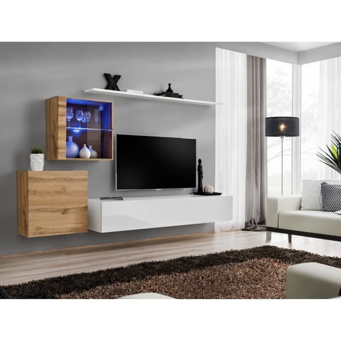 ensemble meuble salon mural switch xv design, coloris blanc brillant et chêne wotan. 40 blanc
