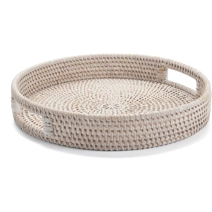Plateau Service Rond Rotin 34 Cm – Panier Tressé Naturel Avec Poignées Pour Fruits, Pain, Déco