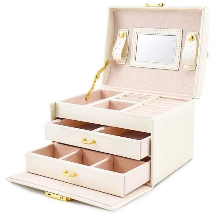 Coffret Bo/îte /à bijoux Bo/îte Cosm/étique /à Trois Couches en Simili Cuir Bo/îte de Rangement de Stockage avec Miroir et Serrure Cadeau F/éminin Noir