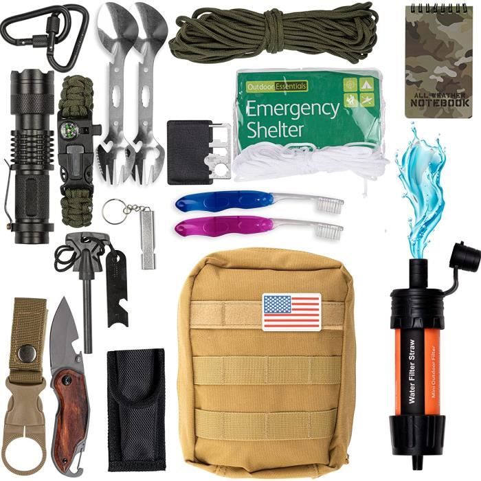 Kit De Survie D'urgence Sac Complet Trousse De Secours Boussole Paracorde Lampe Torche Allume Feu - Pansements Militaria (14322236