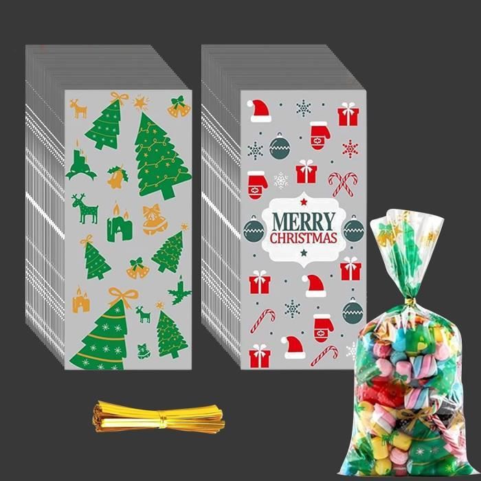 100 Sachets Cellophane Noël Transparents Avec Attaches – 27x13 Cm, Motifs Flocons Et Sapins, Pour Biscuits, Bonbons