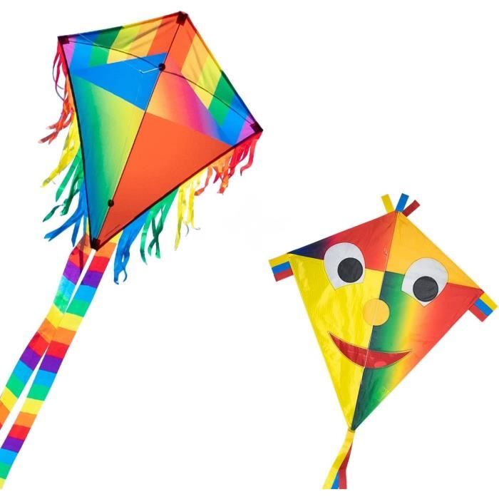 Lot De 2 Cerfs-volants Delta Pour Enfants (dès 3 Ans) Et Adultes - 140x75 Cm - Avec 100m De Ficelle Et Queues Colorées