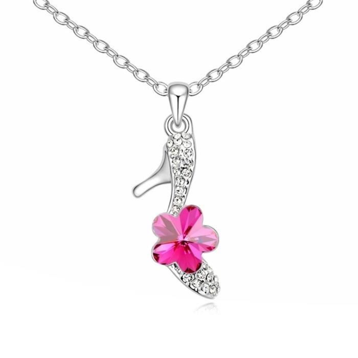 Bijoux à Offrir Collier Escarpin Fleur Cristal Plaqué Or Blanc Couleur Rose Fushia Bijou Femme Idée Cadeau