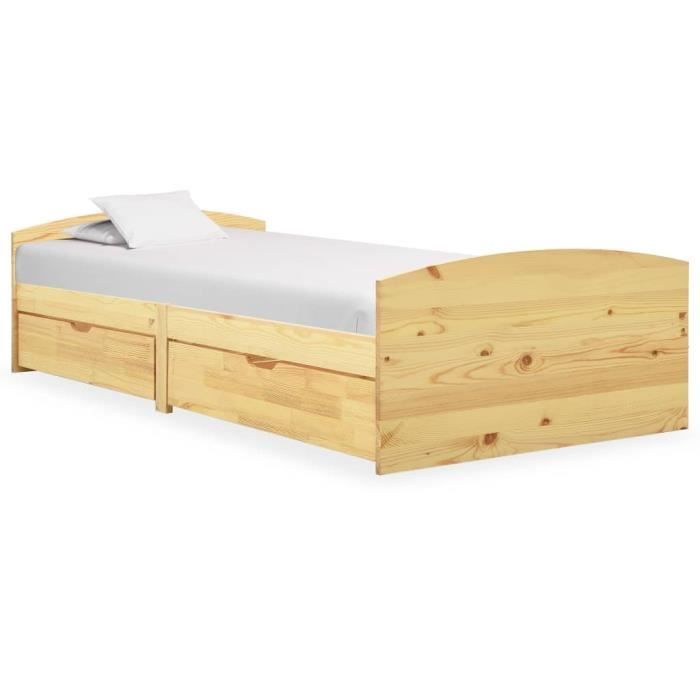 Lit avec tiroirs - TMISHION - Bois massif - 90x200 cm - Sommier à lattes inclus