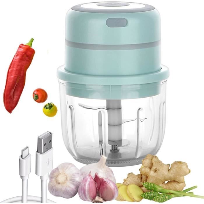 Hachoir Électrique à Ail Rechargeable USB - 350 Ml - Lames Inox Amovibles - Pour Légumes, Fruits, Viande - Facile à Nettoyer (Beige)