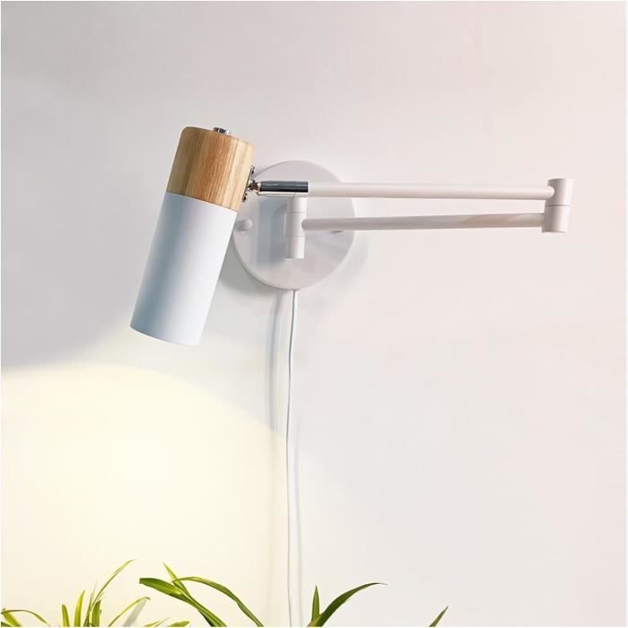 Applique Murale 3 Spots TaFiCo Blanc - Rotatif 350° - Prise Et Interrupteur - Câble 4.5m - GU10