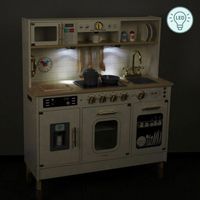 DREAMADE Cuisine Enfant, Cuisine En Bois Avec Lumières Et Sons, Machine à Laver, Hotte Aspirante, Machine à Glaçons, Cuisinière, Evier, Micro-Ondes, Ustensiles, Pour Enfants De 3+ Ans (Gris