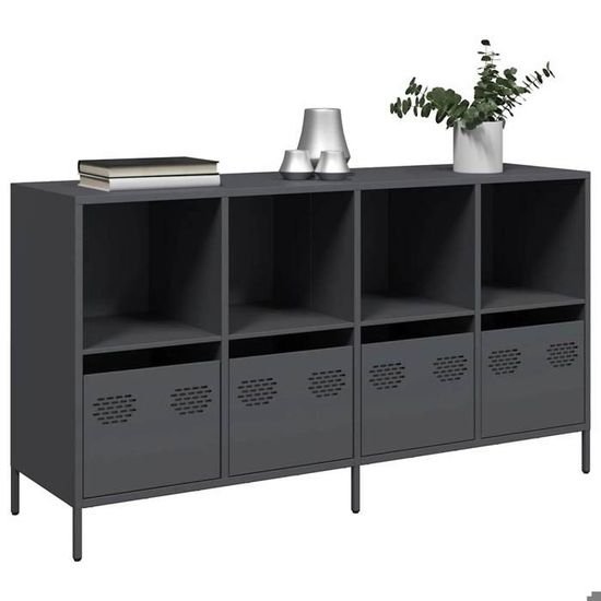 Buffet Anthracite 99x39x73 Cm En Acier – Rangement Design Avec 3 Portes & Poignées Métal