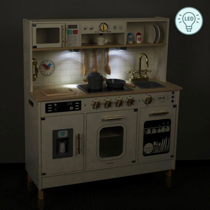 Cuisine Enfant Bois Mamabrum Avec Lave-Linge Et Lave-Vaisselle - Jeu Interactif 3+ Ans - 85x31x97.5cm