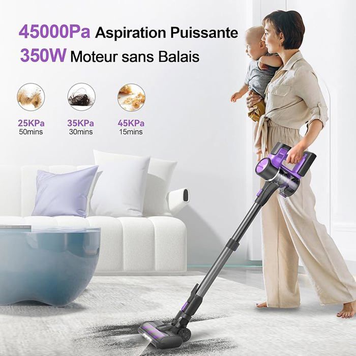 Aspirateur Balai Sans Fil Ultra Puissant 45KPa - 50 Min D'Autonomie, Batterie Amovible, Anti-Emmêlement, LED, Idéal Poils Animaux & Tapis