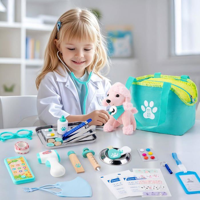 Malette Docteur Vétérinaire Sundaymot – Avec Peluche Chien, Stéthoscope Vrai, Thermomètre, Blouse Et Sac De Transport – Jouet éducatif Dès 3 Ans