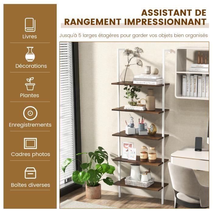 Étagère Échelle 5 Niveaux GOPLUS 180 Cm | Blanc Et Marron | Structure Acier Doré | Capacité 30 Kg Par Niveau