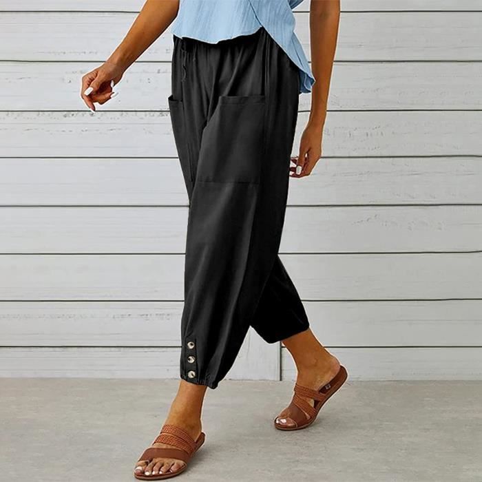 Femme Pantalon en Lin Été Pantalon Fluide Léger avec Poches Pantalon Large  Casual Décontracté - Noir Noir - Cdiscount Prêt-à-Porter