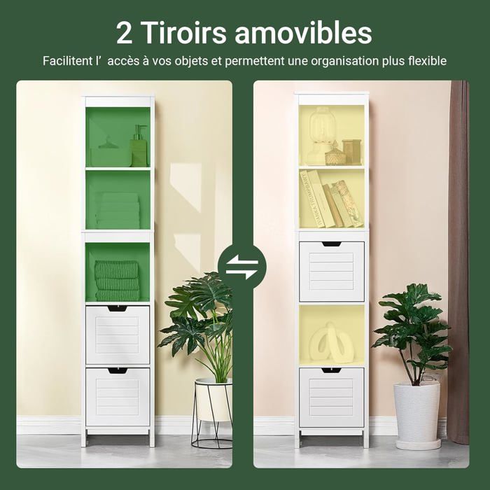 Meuble Colonne Salle De Bain SoBuy 60x37x171cm - Armoire Avec 2 Portes, 2 Tiroirs, 6 étagères Et Panier à Linge