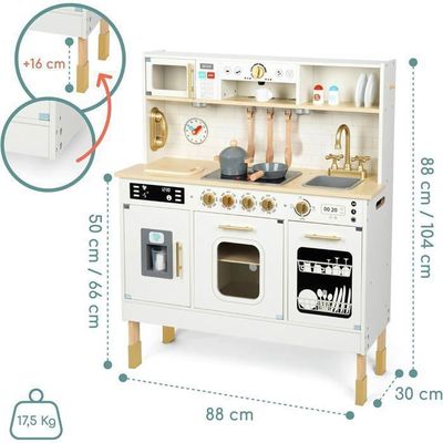 COSTWAY Cuisine Enfants En Bois Avec Tableau Noir & Téléphone – Jeu D’Imitation Avec Micro-ondes Et Machine à Glaçons – Pour 3-6 Ans – Blanc