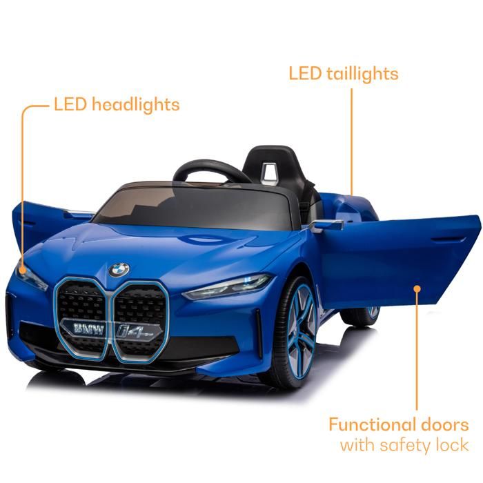 Voiture électrique BMW I4 Enfant – 6V 7Ah, Moteur 25W, Télécommande 2.4GHz, Bluetooth, LED, Ceinture 3 Points, Dès 3 Ans (blanc)