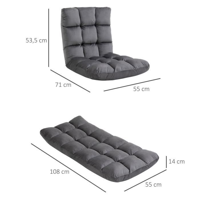 HOMCOM Fauteuil de sol canapé paresseux fauteuil convertible en lit dossier  inclinable sur 5 positions 72 x 71 x 60 cm gris