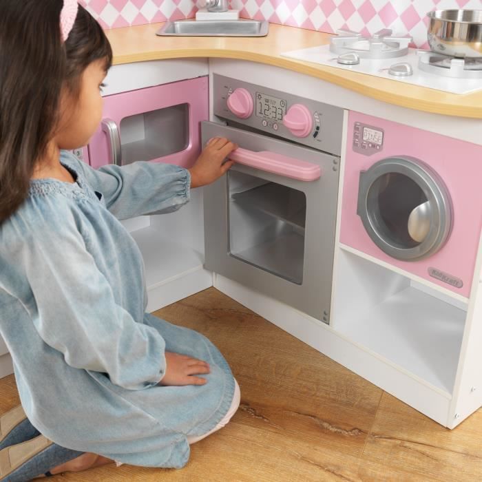 KidKraft Cuisine Enfant en Bois Countryside, Dinette Incluant Accessoires, Ustensiles, Distributeur de Glaçons et Aimants Frigo, Jouet Enfant dès 3 Ans, 53424, Exclusivité sur
