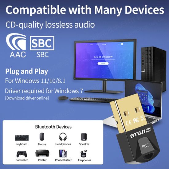 Adaptateur Bluetooth 6.0 USB Pour PC - Clé Double Mode BLE - Jusqu'à 5 Appareils - Compatible Windows 11/10/8.1