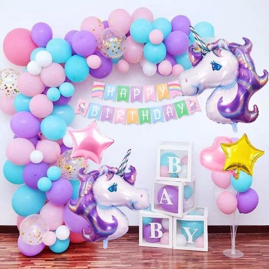 Licorne Décorations Anniversaire Filles Rose Violet Bleu Ballons Joyeux Anniversaire Avec Bannière Gâteau Topper Tassels Pom Poms Latex Confetti Feuille Ballons Pour Bébés Filles