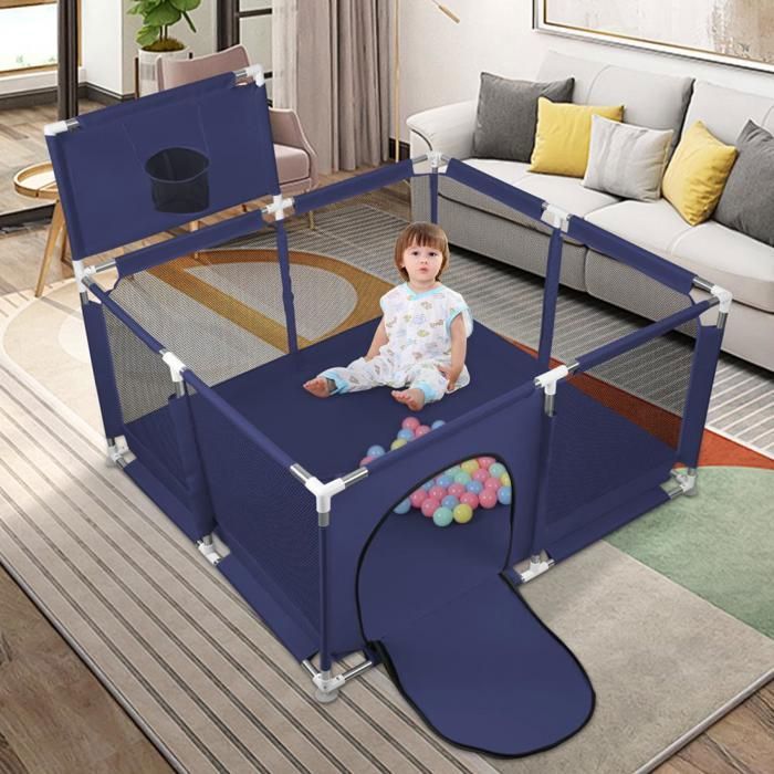 LIFEZEAL Parc Bébé Pliable 188x157x69 cm avec Panier de Basket et Filet de Football, Grand Parc Enfant avec Sac de Transport, 4 Anneaux et 50 Balles, 0-36 Mois (Gris Clair| Avec tapis