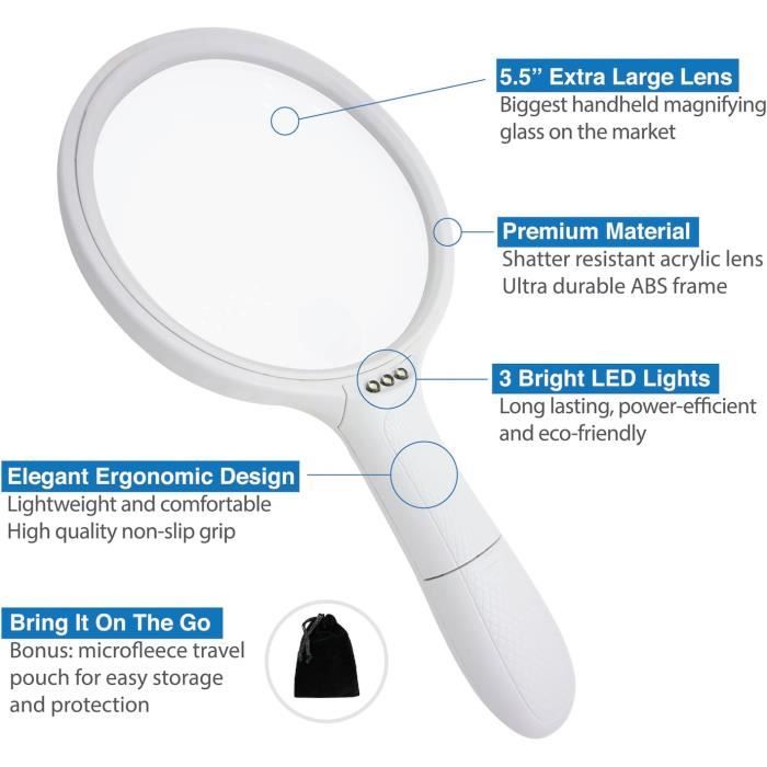 Fancii Très Grande Loupe Grossissante avec Lumière LED, 2X et 3.5X 138mm Loupe avec Éclairage