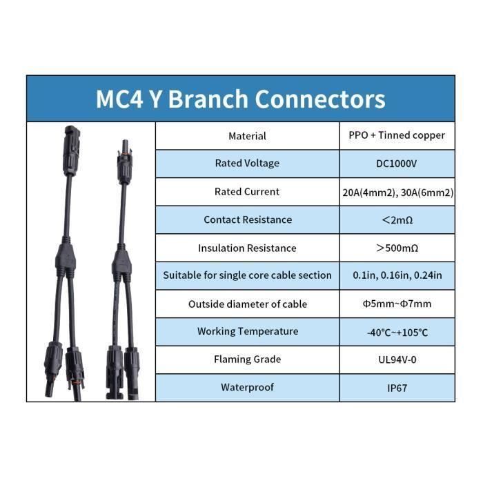 Connecteurs de Branche Y 3 à 1 Mâle Femelle MC4 Connecteur Solaire pour  Câble de Panneau Solaire Parallèle étanche 30A DC A476 - Cdiscount Bricolage