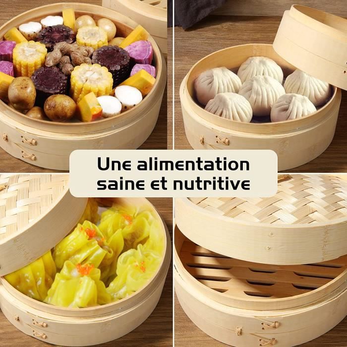 2-Tier-Cuiseur vapeur en bambou de qualité supérieure à 2 niveaux avec anneaux en acier