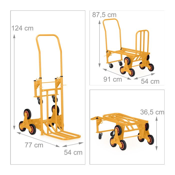 Diable pliable pour charges lourdes 150kg monte-escalier à roues étoilées triple, transporter, diable d'escalier avec 2 pneus de rechange, hauteur réglable 73-114cm, chariot empilable