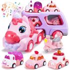 BLEOSAN Jouet de Camion pour Enfant Filles Jeux 5 en 1 Jouet avec Son et Lumière Transporteur Voiture Jouet pour Fille Cadeau Fille Licorne