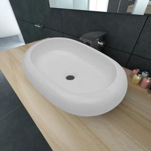 LAVABO - VASQUE Lavabo en céramique ovale - AKOZON - Blanc - Design moderne et élégant - 42 cm - A poser