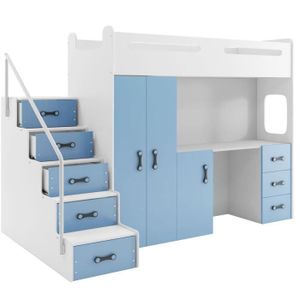 Lit Mezzanine 120x200 Cm - Avec Bureau Et étagère - Avec Armoire Ouverte   Echelle De Securite 4 Marches   Metalmdf   Noir Naturel Sans Matelas