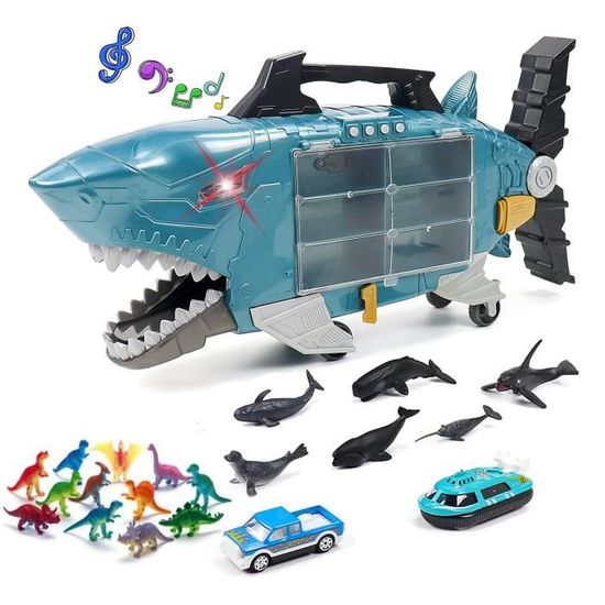 Ensemble de jouets interactifs en forme de requin avec lumières LED, musique, 2 camions jouets, 2 voitures de requin et 18 animaux marins – Jouets requins pour enfants de 3 à 5