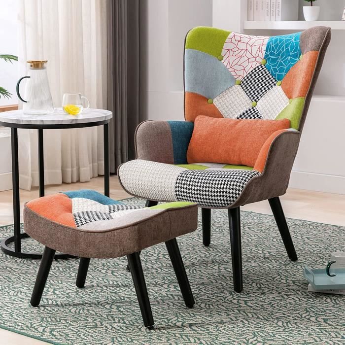 Fauteuil Salon Patchwork avec Repose Pieds en Tissu Lin Multicouleur, Fauteuil Scandinave en Bois Massif avec Support Lombaire,  Lin