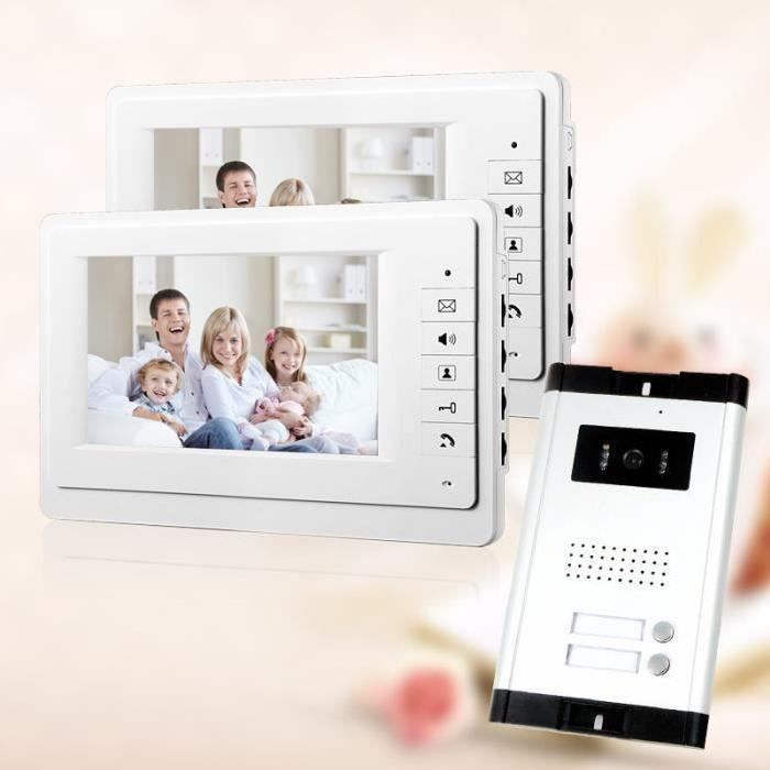7 - Vidéo Interphone Visiophone Sonnette de Porte d’Appartement Phone System 2 blanc Moniteur Caméra HD Vision Nocturne